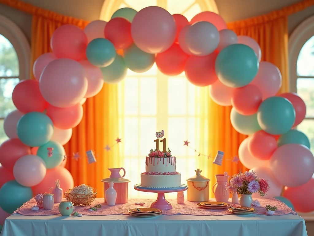 Illustration of a birthday party setup with balloon arch and cake table