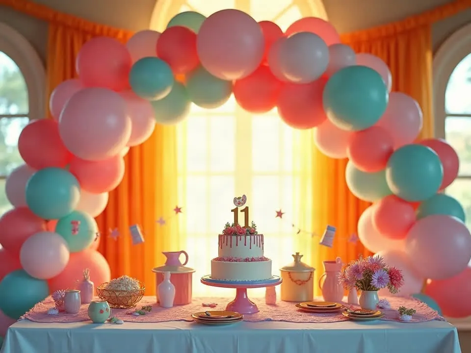 Illustration of a birthday party setup with balloon arch and cake table