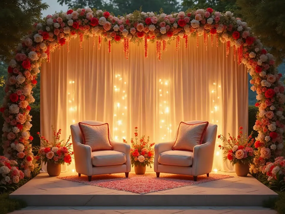 Illustration of a decorated engagement ceremony stage with floral arch
