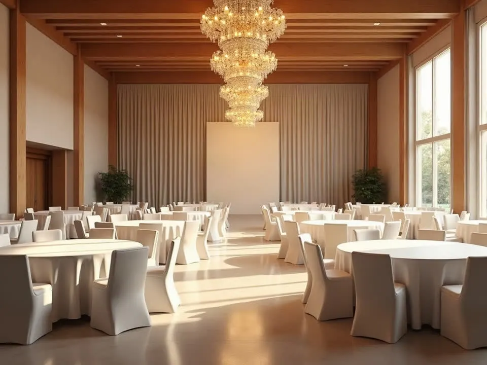Illustration of an event hall set up with round tables for a family function