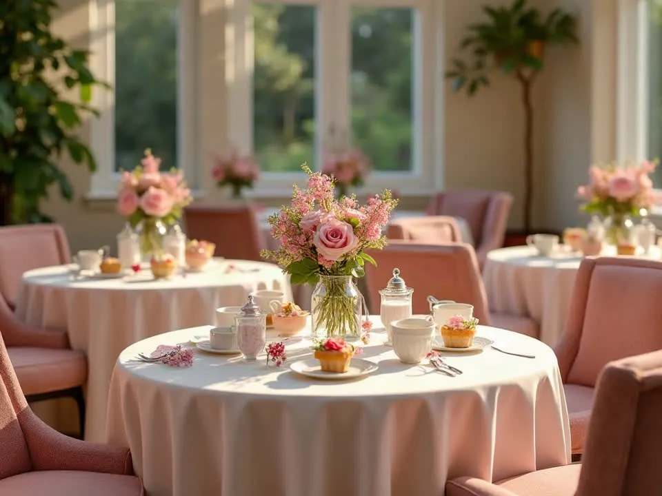 Illustration of a daytime kitty party setup with floral centrepieces