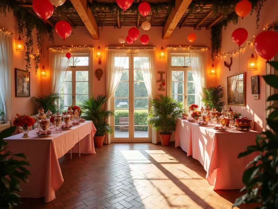 Illustration of a festive party setup with balloons and lights